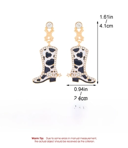 Boucles d'oreilles bottes de cow-boy avec motif vache et strass taille 4,1x2,4cm