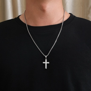 Hip hop silver cross pendant necklace with sparkling zircon stones and box chain for men