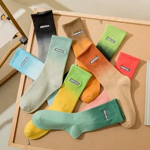 Gradient Crew Socks Cotton Blend Embroidered Letter Fashion Casual Outdoor Mid Tube Hosiery Unisex