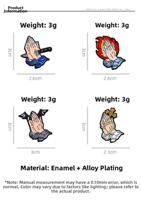 Detail showing four cartoon prayer hands enamel pins with dimensions and 3g weight