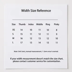 Pink French long pointed press-on nails size chart with XS to L width measurements