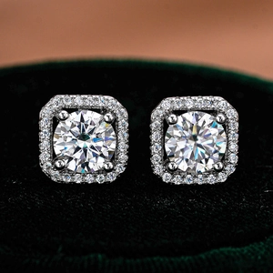 Luxury S925 silver moissanite stud earrings with square halo and round brilliant cut stones