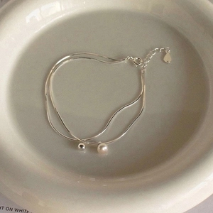 Minimalist S925 sterling silver double-layer bracelet with natural freshwater pearl and bead