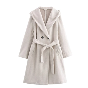 Detail shot of oatmeal hooded wool coat with black buttons and detachable waist belt