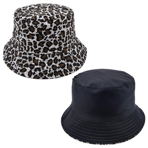 Reversible leopard print and solid black bucket hat with reinforced stitching brim