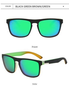 Front and side views of matte black polarized sunglasses with green mirror lenses
