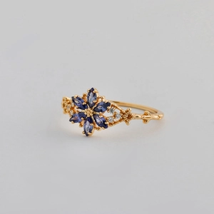 Vintage flower ring in 14K gold plated S925 silver with tanzanite zircon stones