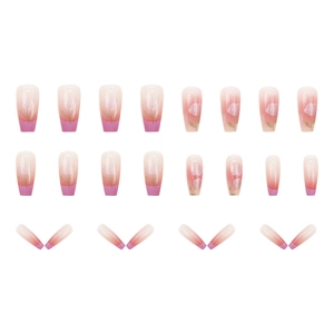 Pink and purple gradient press-on nails with white rose patterns, 24-piece long ballerina set