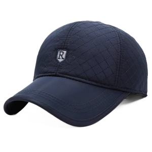 Men's navy blue quilted winter baseball cap with ear protection and R logo embroidery