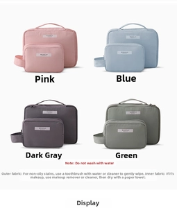 Waterproof makeup bag set in four colors: pink, blue, grey, and green with handles