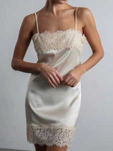 Vestito Mini In Raso Con Pizzo Patchwork Cami Sexy Senza Maniche Scollo A V Schiena Scoperta Party Clubwear Da Donna