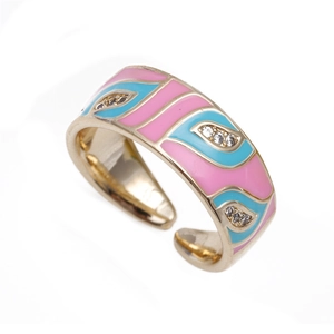 Golden enamel open ring with pink blue waves and three white zircon accents