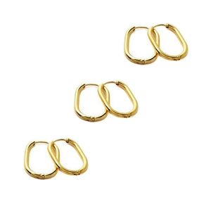 Three pairs of oval 18K gold-plated stainless steel hoop earrings on white background