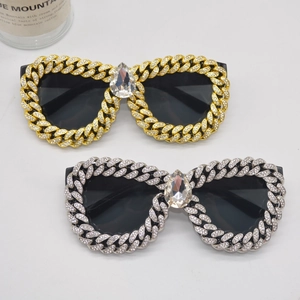 Cat Eye Sunglasses Oversized Cuban Chain Frame Metal Inlaid Rhinestone Water Drop Crystal Fashion Party Eyewear For Women