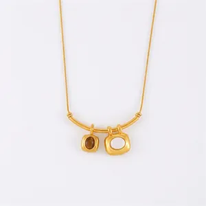 Geometric Square Pendant Necklace Titanium Steel With Tiger Eye And White Turquoise French Retro Jewelry For Women
