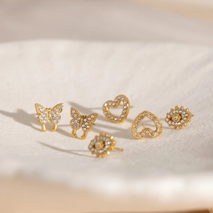 Elegant 18K gold plated bow heart and evil eye stud earrings set with cubic zirconia