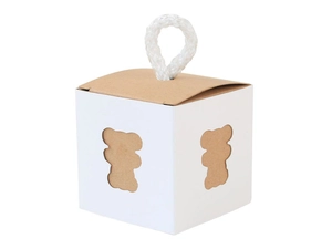 Detail of square kraft paper candy box featuring a hollow bear cutout and cotton rope handle