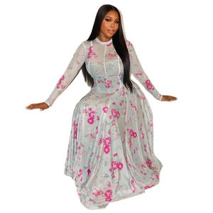 Floral long sleeve midi dress in mint green with mock neck and cinched waist for women