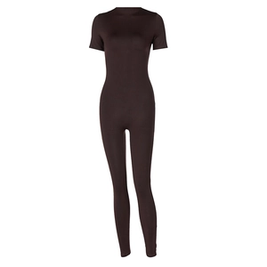 Slim fit dark brown short sleeve yoga jumpsuit with front zipper in ribbed knit fabric