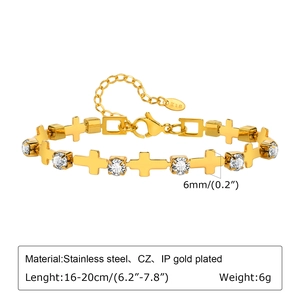 Detailed view of 18K gold-plated stainless steel cross bracelet with cubic zirconia