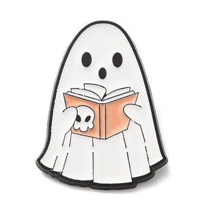 Cute white ghost enamel pin reading a peach book with skull detail on white background