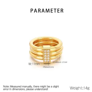 Detail showing an 11mm wide 18k gold-plated stainless steel ring with double rhinestone rows