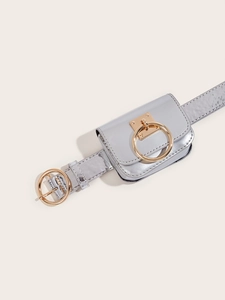Minimalist silver faux leather waist bag with gold ring and belt on beige background