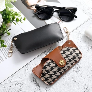 Portable PU leather glasses pouch in black and houndstooth with secure metal hook