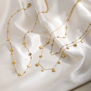 Star Pendant Necklace 18K Gold Plated Stainless Steel Round Beads Chic Niche Style Clavicle Chain For Women