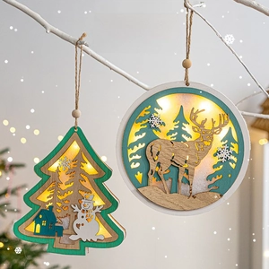 Wooden Christmas hanging ornaments with warm LED lights showing Santa and reindeer designs