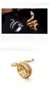Detail showing snake texture on gold and silver stainless steel punk rings with size specs