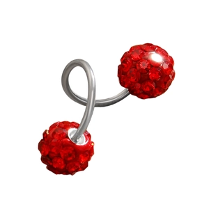 Detailed view of Shamballa barbell piercing with sparkling red crystal paved round balls