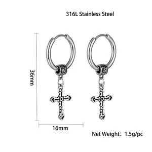 316L stainless steel vintage cross dangle earrings for men, 36mm length, weight 1.5g