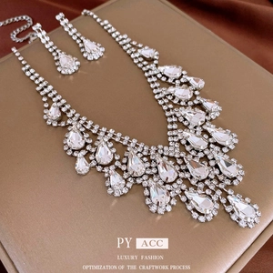 Vintage teardrop crystal necklace and earring set in silver finish for women