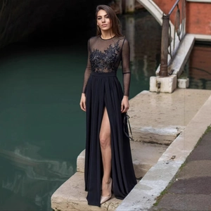 Robe De Soirée Noire Dentelle Mesh Manches Longues Fente Haute Longueur Sol Pois Banquet Bal Femmes