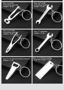 Miniature silver metal tool keychain set with exact size and weight measurements