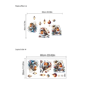 Christmas robin wall stickers and colorful ornaments, removable PVC mural 65x40cm