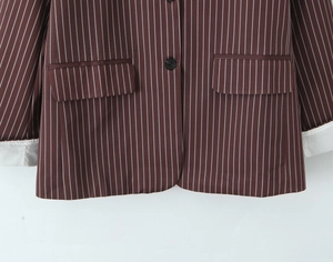 Detail of tan pinstripe blazer featuring black buttons and white sleeve cuff lining