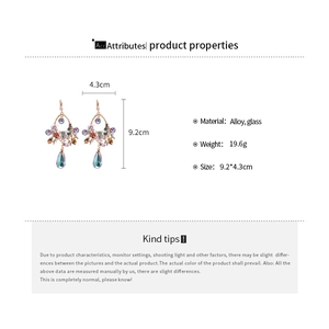 Detail view of drop earrings with colorful gemstones showing material, weight and size info