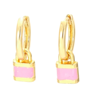 Elegant gold hoop earrings with sweet pink enamel lock pendants on white background