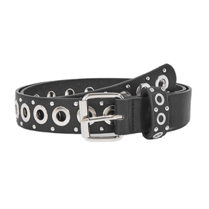 Punk style black leather belt with silver eyelets and chain, fashionable unisex accessory