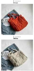 Quilted nylon tote bags in orange and white with dual straps and soft padded texture