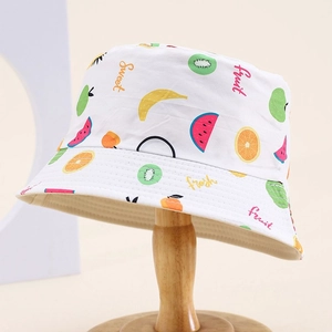 White cotton kids bucket hat with colorful summer fruit prints and sweet text patterns
