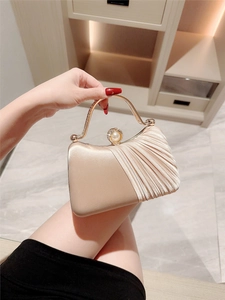 Satin Evening Clutch Bag Pleated Wedding Party Handbag With Artificial Pearl Rhinestone Buckle Metal Ring Handle Chain Strap