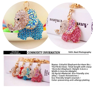 Detailed view of colorful elephant keychain with sparkling rhinestones and zinc alloy base