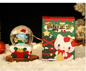 Macro detail of Christmas snow globe with Sanrio character in a festive gift box
