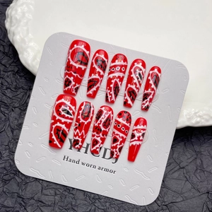 Handmade Press On Nails Red Long Coffin Bohemian Graffiti Style Reusable Manicure For Women