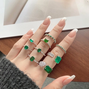 S925 Sterling Silver Emerald Green Zircon Ring Vintage Luxury Design Adjustable Open Finger Jewelry Women