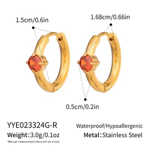 Detailed size chart for geometric gold earrings with dimensions and stainless steel specs