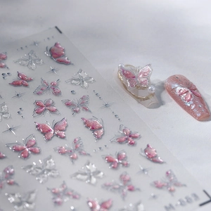 Autocollants à ongles papillon gelée bleu et rose avec effet perlé scintillant